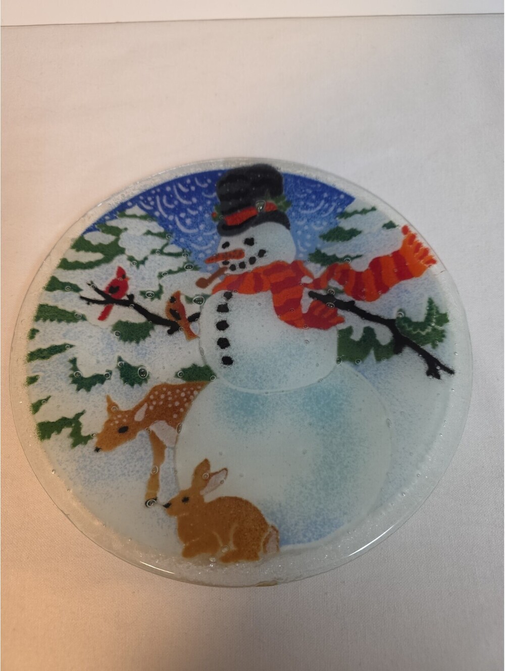 Vtg Peggy Karr Fused Glass Snowman Plate "Winter's Visitor" Signed Holiday 7.75"